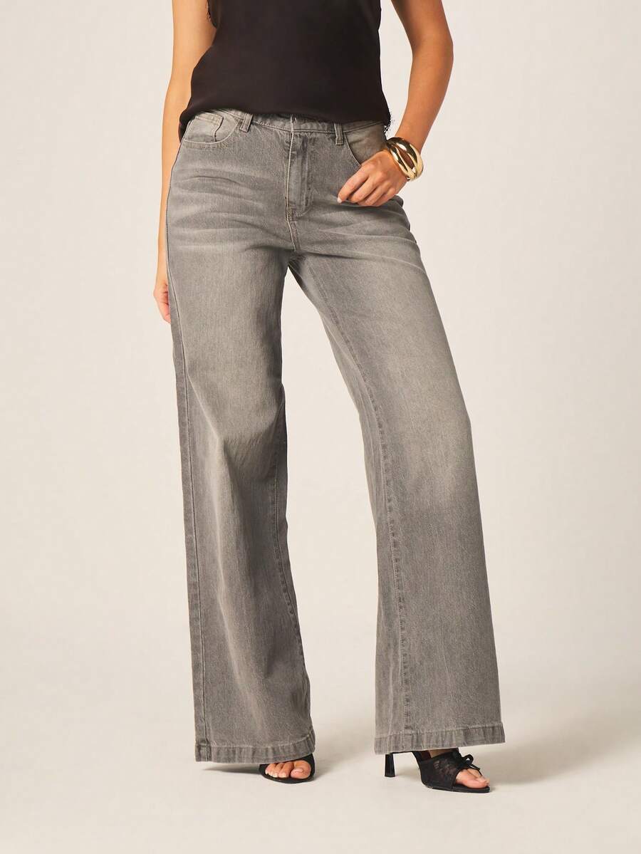 MISSGUIDED Washed Denim Wide Leg Jeans - Blue - View 1