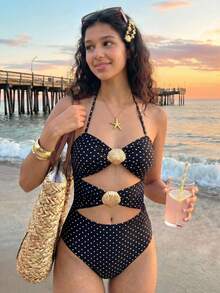 SHEIN Teen Girls Black 1pc Detachable Strap Hollow Starfish Accent Ruched One-Piece Swimsuit Summer,Beach - Black - View 4