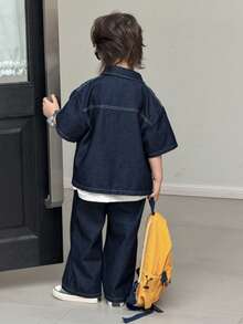 DAZY Young Boy Casual Short Sleeve Shirt And Denim Pants Set - Blue - View 5