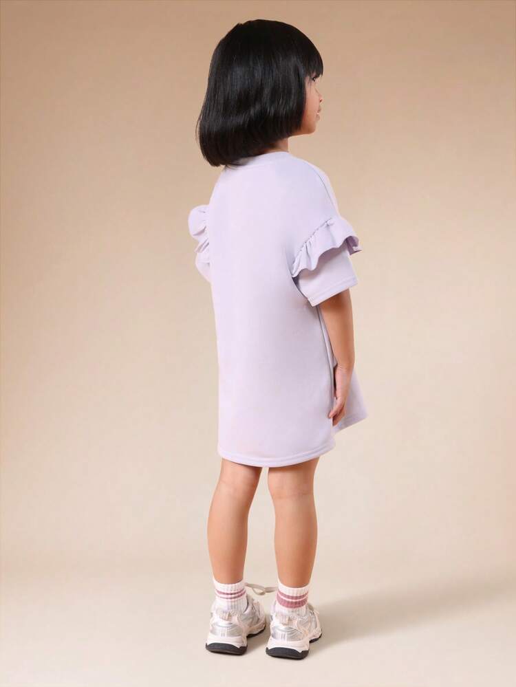 Girls Ruffle Sleeve Crew Neck Mini Dress With Double Layer Sleeve Detail And Embroidered Logo