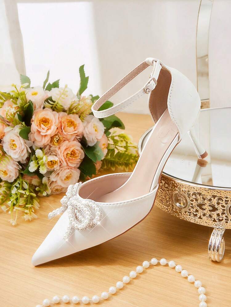 CUCCOO HITCHD Women's 6.5cm Pearl & Rhinestone Decor Pointed Toe Stiletto High Heels, Satin White Wedding Party Office Lady Sandals