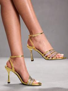 CUCCOO SZL Zapatos de tacón alto con lazo dorado encantador - Sandalias de tacón de aguja de punta abierta y slip-on metálicas de moda para mujer, adecuadas para fiestas y ocasiones de noche - Dorado - Ver 2