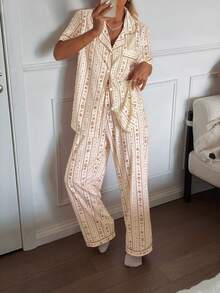 CottageSlumber Women's Romantic Floral & Cherry Print Button Decor Short Sleeve Pajama Set - Mustard Yellow - View 3