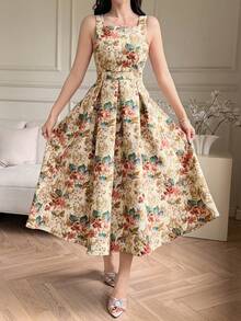 DAZY 女士优雅印花无袖连衣裙，方领设计，夏季 - 杏色 - 查看 3