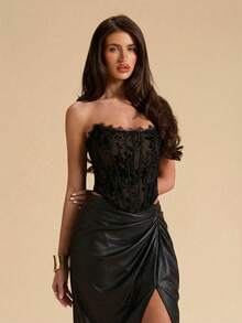 SHEIN BAE Top de camisola con cuello de corazón, textura de jacquard negro, con volantes, apropiado para fiesta y citas, negro, corto - Negro - Ver 7