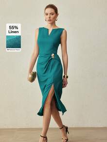 MOTF PREMIUM 亚麻极简优雅V领收腰中长连衣裙，春夏款 - 水鴨藍 - 查看 6