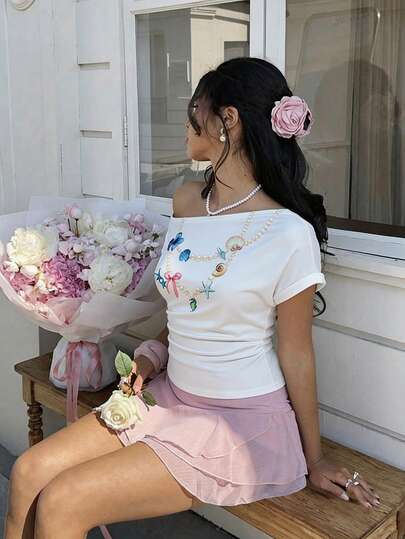 SHEIN MOD Plus Size Summer Casual Necklace Print Ruched Shoulder Short Sleeve T-Shirt,White Blend Asymmetrical Shoulder Short Sleeve Top Slim Fit Stretch Fabric Coastal Style Summer Spring Beach Seaside Vacation Casual Daily Wear Starfish Print Soft Lightweight Shirt  Print Tops Women's White Tops, Summer Tops