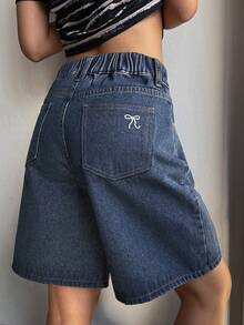 DAZY 少女休闲百搭日常牛仔短裤，带口袋、纽扣和蝴蝶结刺绣设计 - 藍色 - 查看 6