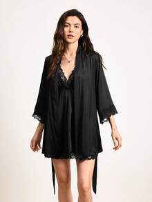 奢华撞色蕾丝睡衣套装 - 深V吊带连衣裙配长袖睡袍和腰带，微弹面料，优雅女士四季睡衣家居服 - 黑色 - 查看 6