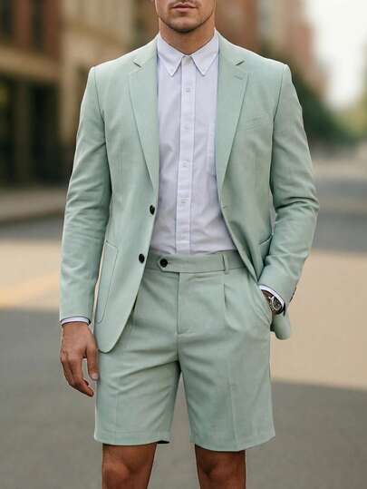 Manfinity Bizformal 男士纯色长袖外套和短裤套装，优雅男士服装