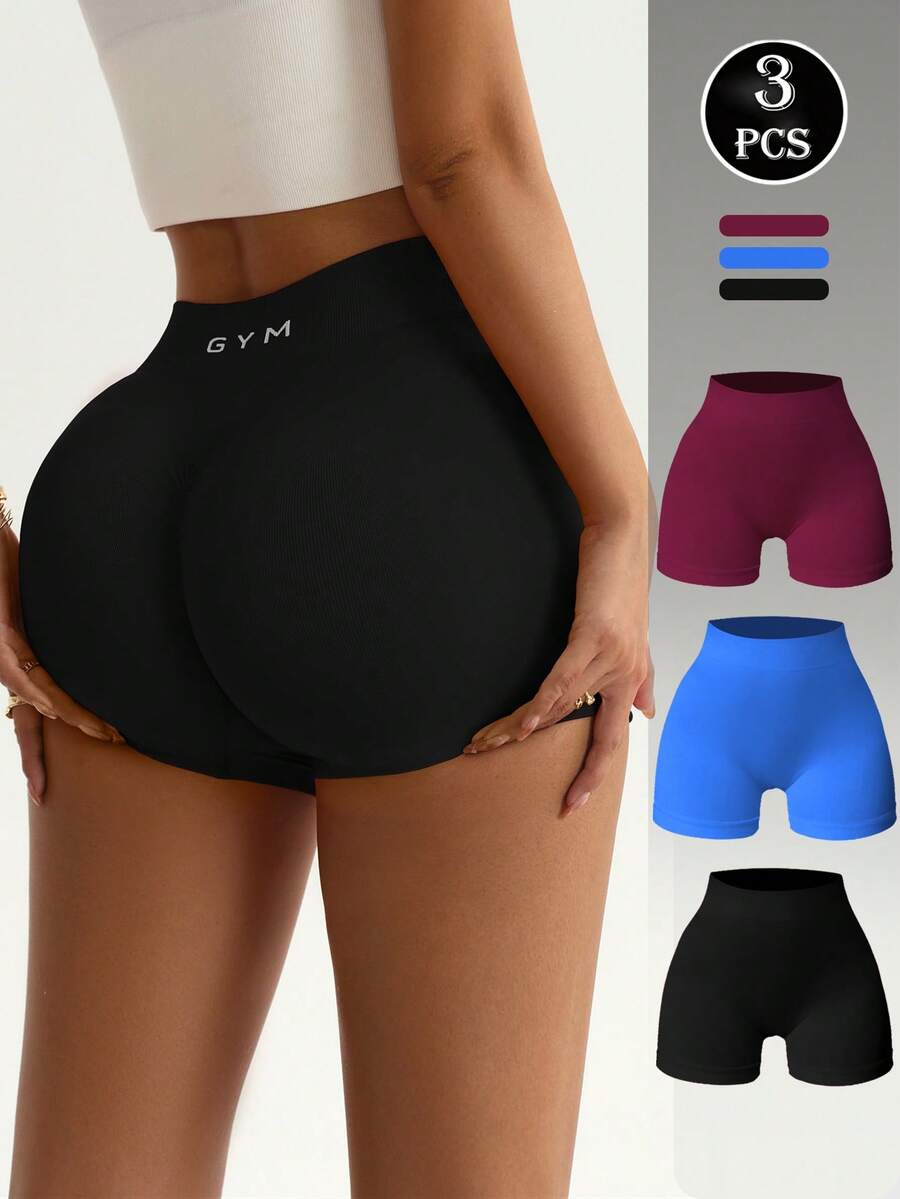 SHEIN Sports 三件套运动短裤，黑色、紫红色、藏青色，无缝针织高弹舒适瑜伽健身户外运动紧身短裤，适合春、夏、秋、冬四季穿着。