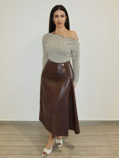 MDEdit 秋冬休闲优雅A字型PU皮裙，金属扣装饰，棕色，女式长裙