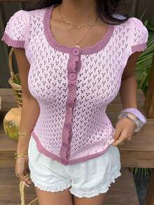 Elamini 女士休闲可爱百搭短袖方领花瓣袖开衫 - 粉色 - 查看 3