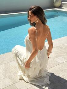 Aloruh Đầm đi biển bằng chiffon màu trơn, nhiều lớp xếp nếp, dáng rộng, thanh lịch dành cho nữ, thích hợp cho các buổi tiệc. - Màu be - Xem 6