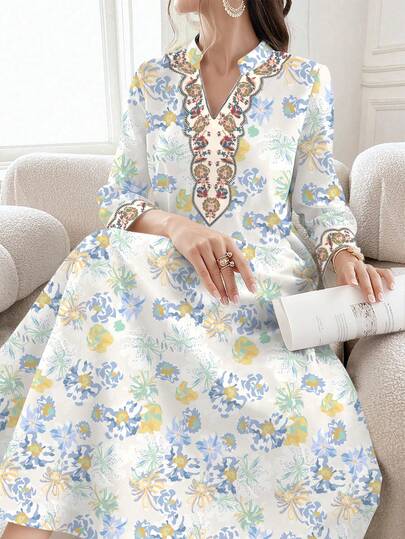 SHEIN Najma Mandala & Lily Ditsy Floral V-Neck Slit Design Turndown Collar Long Sleeve Maxi Dress For Women, Elegant Arabic Style Attire Suitable For Spring/Summer Daily, Holiday, Vacation