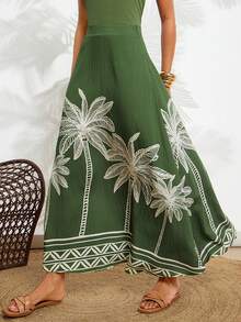 Gownix Women Multicolor Boho Flared Maxi Skirt With Palm Tree Print And Pocket Detail In Woven Fabric - Multicolor - View 9