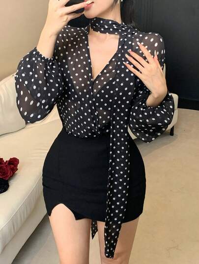 DAZY 女士波点缎带设计时尚百搭日常衬衫