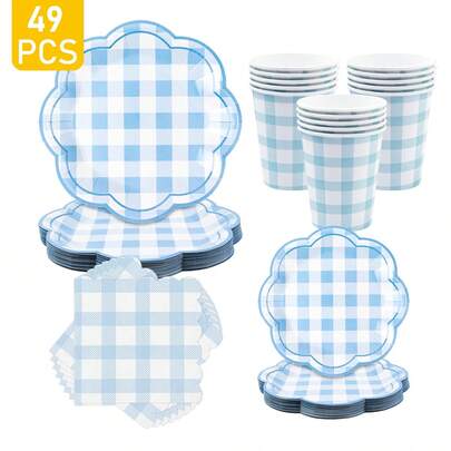 Bộ bát đĩa, khăn ăn và cốc dùng một lần màu xanh dương họa tiết lưới hình bát giác dành cho 8 người. Bộ đồ dùng tiệc dùng một lần này, bao gồm bát đĩa, khăn ăn và cốc, rất phù hợp cho các bữa tiệc sinh nhật, đám cưới và dã ngoại gia đình.
