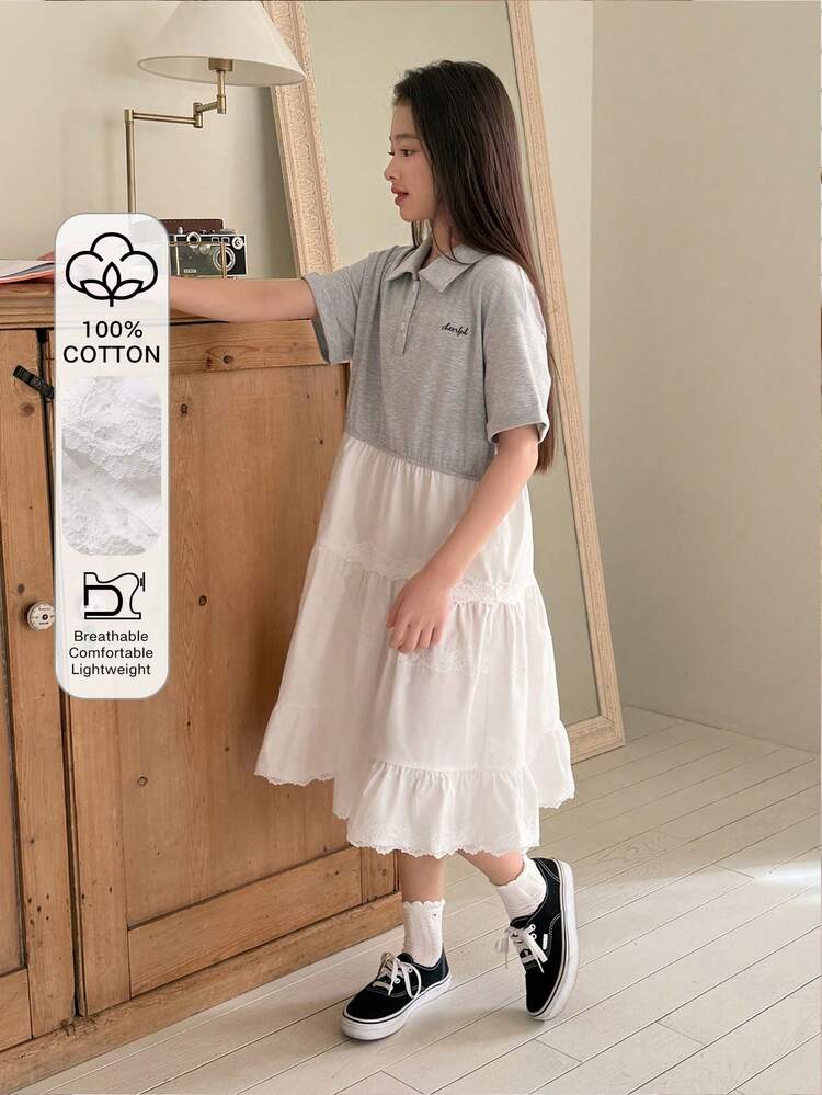 Tween Girl Letter Print Short Sleeve Polo Collar Contrast Color Casual Loose Dress