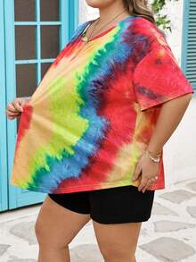 SHEIN CURVE+ Áo thun nữ cỡ lớn họa tiết nhuộm tie-dye ngẫu nhiên, vạt cong - Nhiều màu - Xem 7