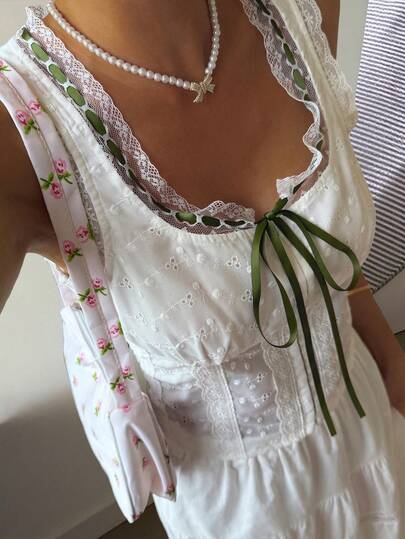 Livesso White Lace Trim Tie-Up Bow Splice Textured Hollow-Out Lace Blouse, Casual Beach Holiday Style, Waist Cinching, Elegant For Work, Valentine's Day, Wedding, Spring/Summer