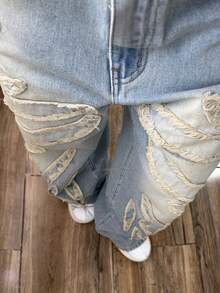 StreetHx Quần jeans ống rộng nữ thời trang thường ngày, phong cách đường phố retro, thêu họa tiết, gấu quần rách. - Rửa nhẹ - Xem 3