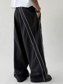 PAVTROS Men's Letter Embroidered Pocket Wide Leg Loose Casual Pants - Black - View 2