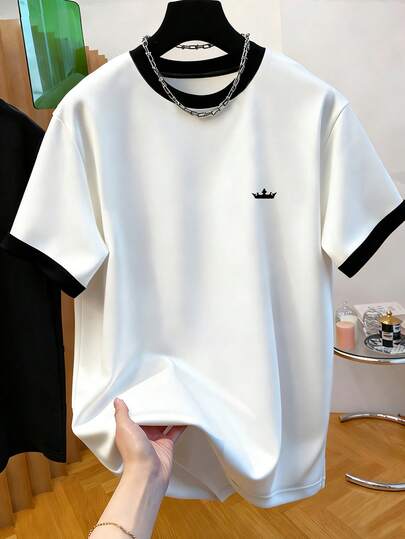 青少年休闲撞色皇冠图案圆领短袖T恤，夏季