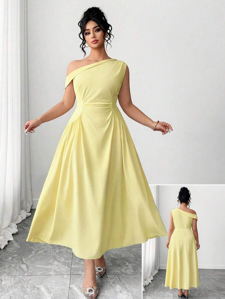 SHEIN PETITE CURVE Plus Size Women Butter Yellow Summer Elegant Graduation Dress,Oblique One Shoulder Sleeveless Ruched Waist Flared Hem Wedding Guest Formal Dress - Light Yellow - View 1