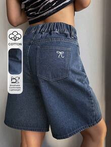 DAZY 少女休闲百搭日常牛仔短裤，带口袋、纽扣和蝴蝶结刺绣设计 - 藍色 - 查看 1