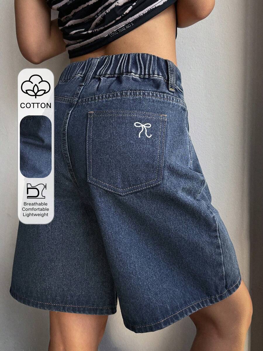 DAZY 少女休闲百搭日常牛仔短裤，带口袋、纽扣和蝴蝶结刺绣设计 - 藍色 - 查看 1