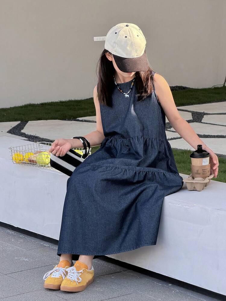Tween Girls' Round Neck Sleeveless Denim Jumper Dress