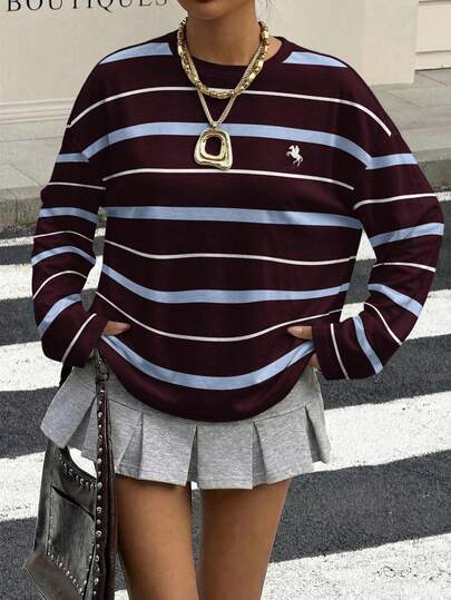 Muchica Casual Retro Style Blue & Purple Striped Mini Horse Logo Print Round Neck Long Sleeve Loose T-Shirt, Suitable For Summer