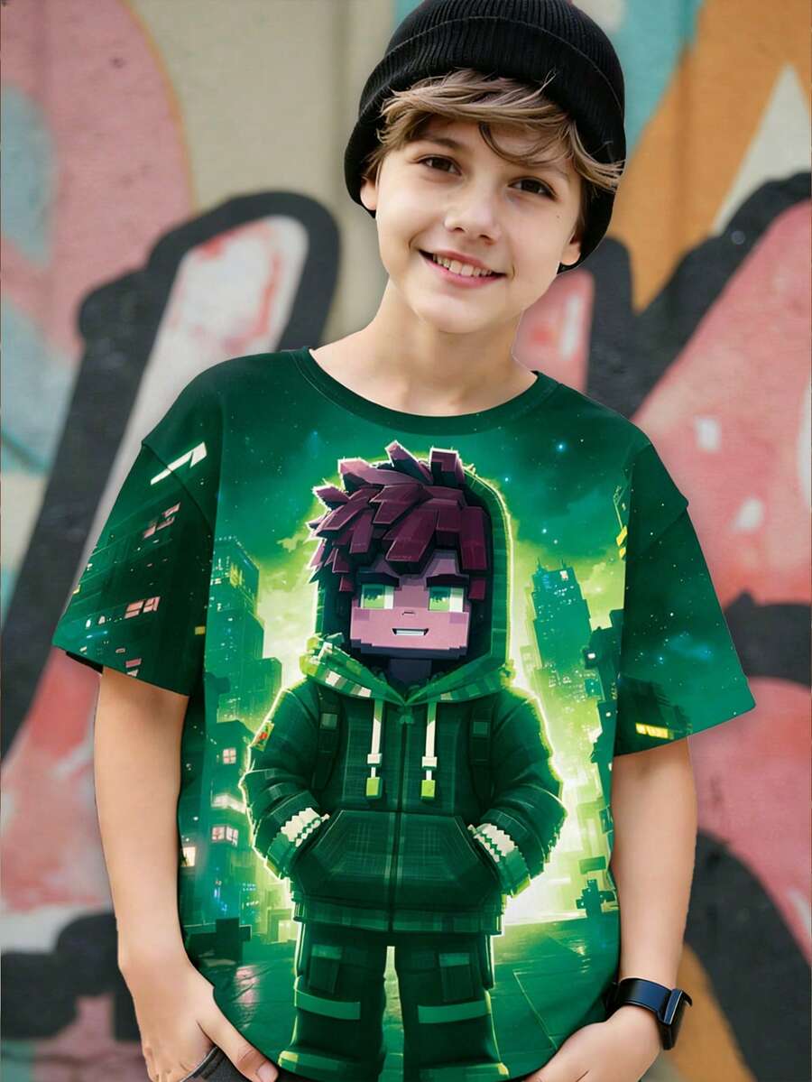 Tween Boy Spring And Summer Casual Stylish Creative Personalized Refreshing Minimalist Green Hoodie With Square Graphic Print, Comfortable Basic Short T-Shirt, Suitable For Boys Everyday Wear In Spring, Summer And Autumn - Multicolor - View 1