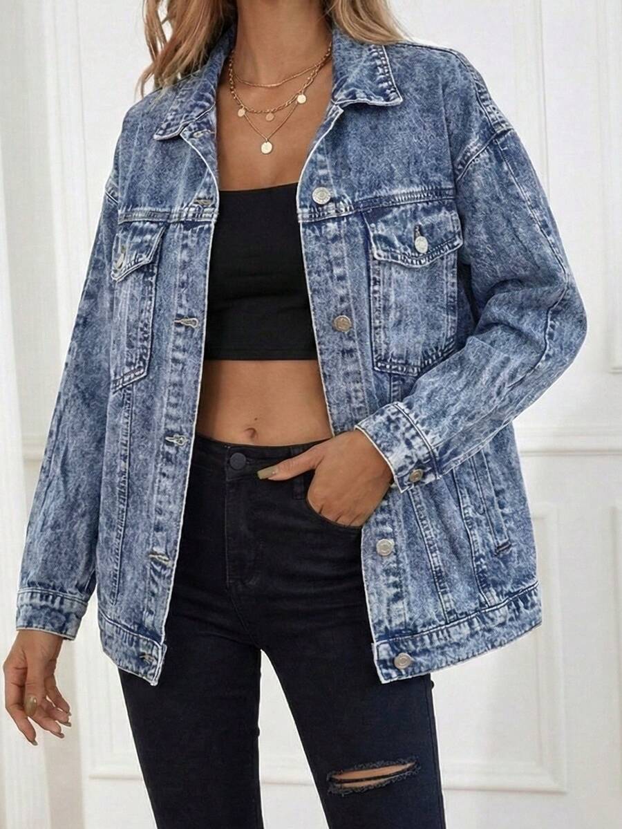 SHEIN Tall Chaqueta vaquera lavada casual para mujer, primavera/otoño - Azul lavado oscuro - Ver 1