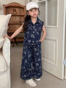 Dazy Kids Setelan Musim Panas untuk Anak Perempuan: Rompi Denim Gelap Tanpa Lengan dan Celana Jeans Longgar Berpotongan Lebar - Biru - View 3