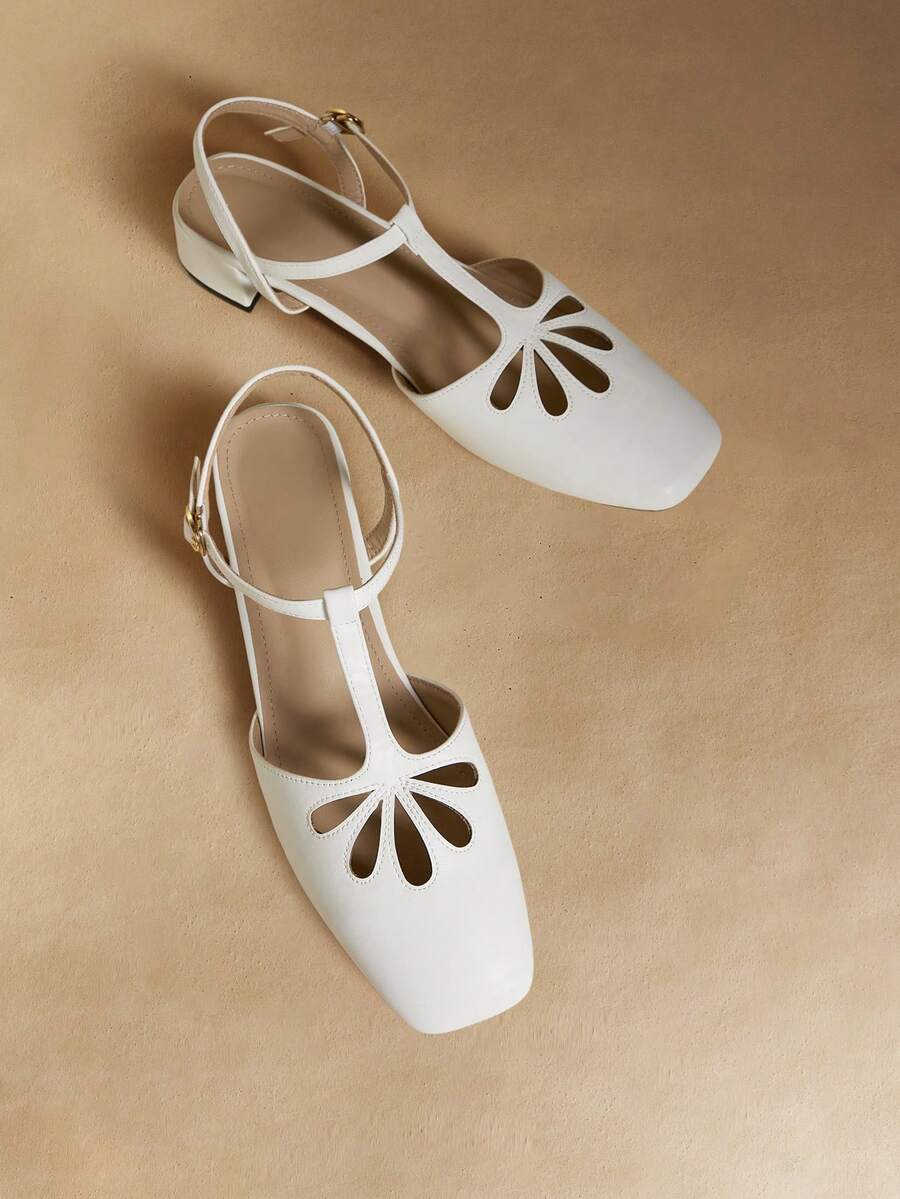 Rosivie 法式复古厚跟镂空包头凉鞋 女士夏季搭扣中跟方头罗马鞋 - 米白色 - 查看 1