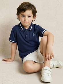 PrepCrw 男童长袖 Polo 领 T 恤，学院风 - 藏蓝色 - 查看 1