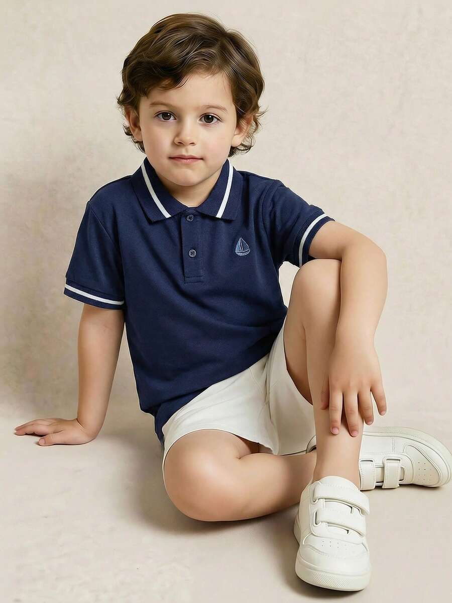 PrepCrw 男童长袖 Polo 领 T 恤，学院风 - 藏蓝色 - 查看 1