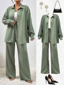 EMERY ROSE Autumn New Textured Fabric Casual Drop Shoulder Hem Slit Shirt And Wide Leg Pocket Pants 2 Pieces Set For Women - Green - View 2