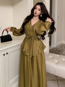 Dazy Kids 2件套春季高端连体上衣+高腰喇叭裙衬衫套装，适合少女 - 芥末黃 - 查看 5