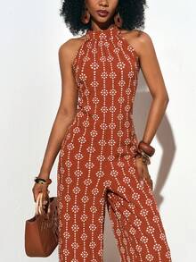 Zivah Women's Casual All-Over Print Halter Jumpsuit - Rust Brown - View 8