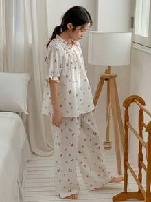 DAZY Bộ đồ ngủ mùa hè cho bé gái tuổi teen, in hình quả anh đào, cổ tàu, tay raglan và quần dài. - trắng - Xem 4