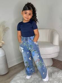 DAZY Young Girl Floral Print Elastic Waist Pockets Wide Leg Loose Casual Jeans - Blue - View 4