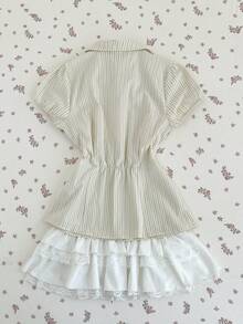 Elamini Women's Casual Commuter Versatile Waist Cinched Striped Shirt - Yellow - View 2