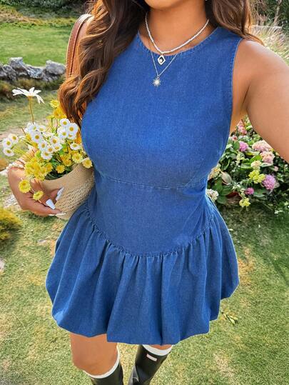 Breezaya 大码女式圆领褶皱时尚约会派对牛仔连衣裙