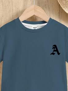 SHEIN Baby Boy Casual Minimalist T-Shirt Set, Suitable For Summer, Classic Simple Fashion Letter A Print - Multicolor - View 4