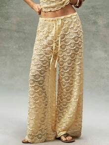 Bohemela Quần dài dệt kim dáng rộng màu trơn dành cho nữ, kiểu dáng thường ngày. - Màu vàng - Xem 1