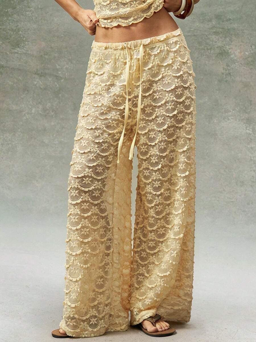 Bohemela Quần dài dệt kim dáng rộng màu trơn dành cho nữ, kiểu dáng thường ngày. - Màu vàng - Xem 1