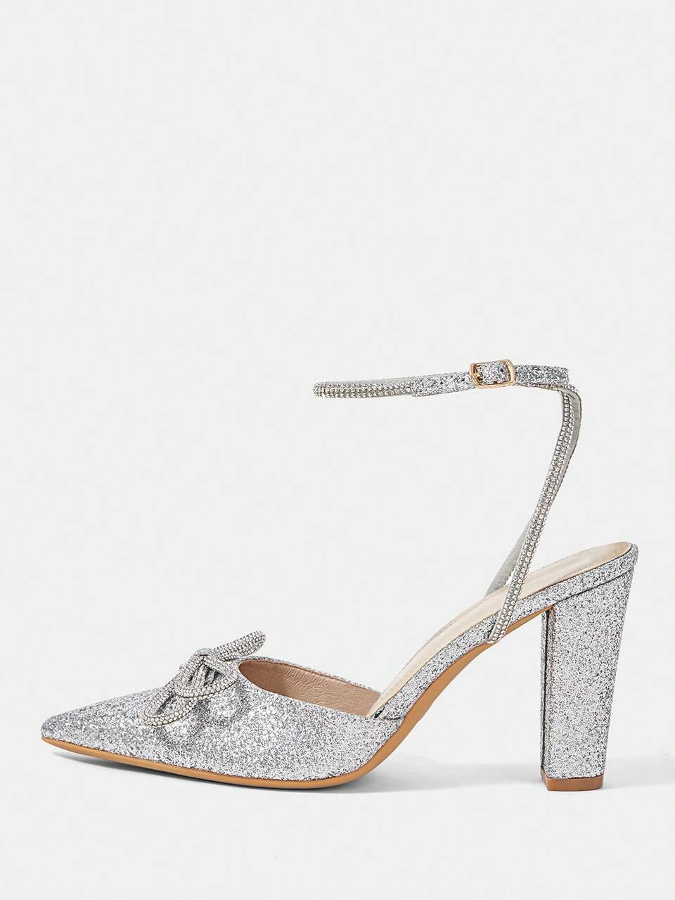 CUCCOO HITCHD Women's Shoes Rhinestone Bow Pointed Heel High Heel Sexy Elegant Silver Glitter Fabric Ankle Strap Shoes Workplace Dating Party Wedding Dinner